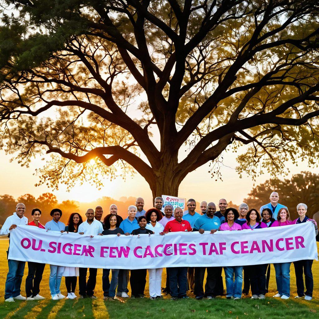 A powerful image of a diverse group of people, united in a vibrant outdoor setting, holding banners and educational materials advocating for cancer awareness. In the background, a symbolic tree with colorful ribbons representing hope and support for cancer patients grows, while a sunrise casts a warm glow, symbolizing new beginnings. The scene should evoke emotions of unity and strength. super-realistic. vibrant colors. inspirational.