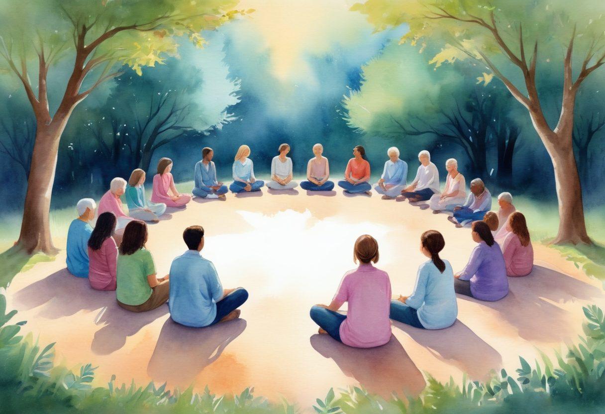 A comforting scene depicting a diverse group of people of different ages and backgrounds sitting in a circle, sharing stories and support. In the background, vibrant banners represent various cancer awareness ribbons, with soft lighting creating a warm atmosphere. Include elements of nature, like tree leaves rustling in the wind, symbolizing hope and resilience. Gentle reminder messages such as 'You are not alone' can be illustrated subtly. watercolor style. soft pastel colors.