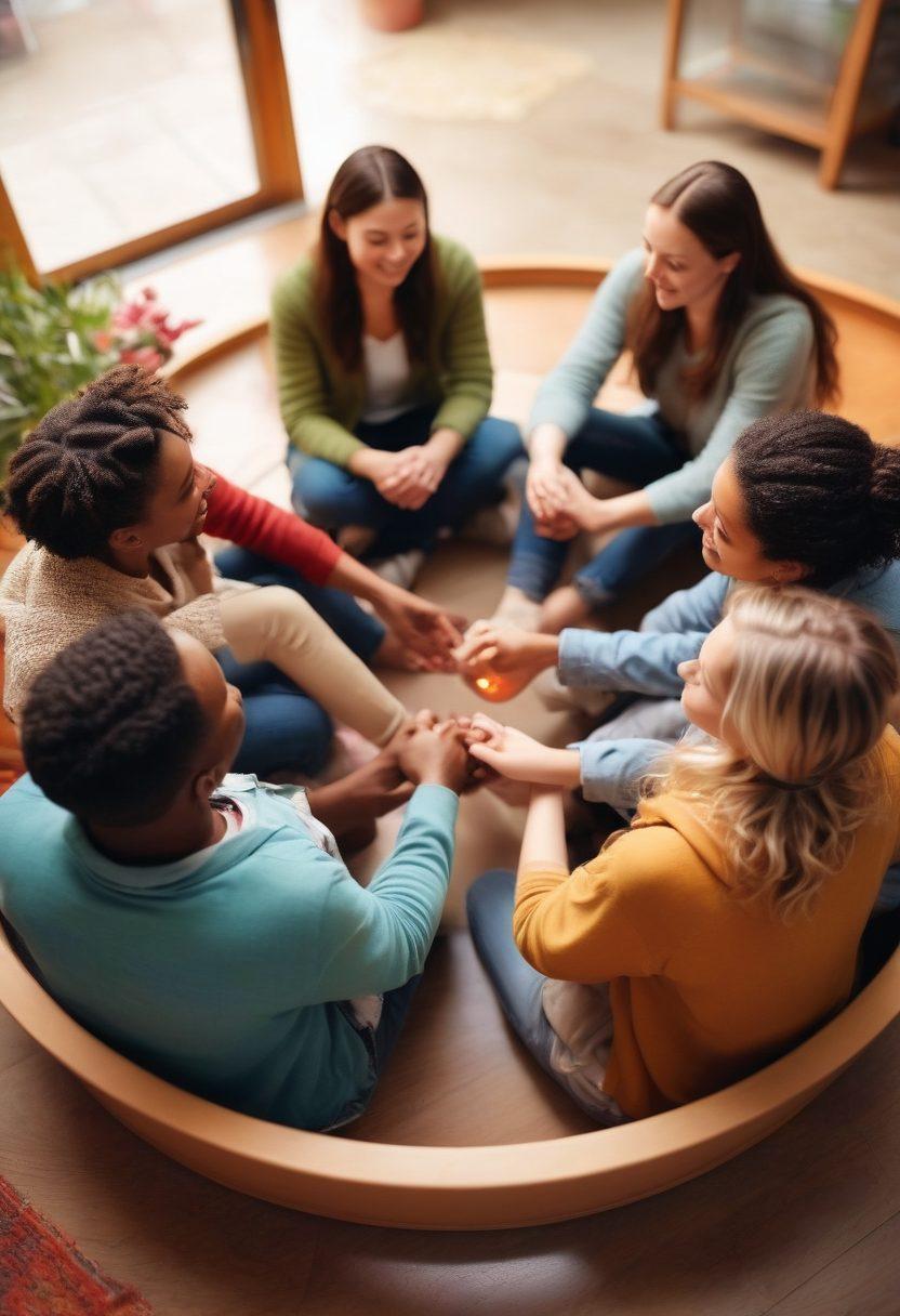 A warm and inviting scene depicting a diverse group of people sitting in a circle, sharing stories in a cozy community center filled with light. In the background, soft images of supportive hands and intertwined hearts symbolize empowerment and hope. Include elements like potted plants and comforting beverages to evoke a sense of togetherness. super-realistic. vibrant colors. soft focus.